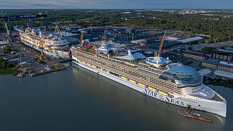 Royal Caribbean International's cruise ship Star of the Seas (foreground) and her still unnamed sister at Meyer Turku's shipyard in Finland