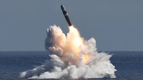 An unarmed Trident II D5 life extension missile is launched from a US Navy Ohio-class ballistic missile submarine off the coast of Florida.