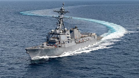 The US Navy Arleigh Burke-class guided-missile destroyer USS Ted Stevens during builder's sea trials in the Gulf of America