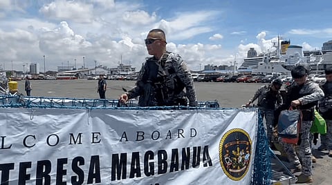 Philippine Coast Guard personnel board the multi-role response vessel BRP Teresa Magbanua in Manila prior to departing for Cebu province, October 1, 2025. The coast guard deployed vessels and other assets to Cebu after some areas within the province suffered significant damage as a result of a magnitude 6.9 earthquake that struck the night before.