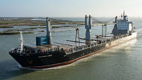 The general cargo ship Silverfjord, later renamed MSC Silver II, underway in the Brownsville Ship Channel in Texas, June 9, 2021