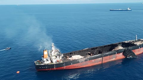 The tanker Pablo just moments before it suffered an onboard explosion that killed three of its crew while off southern Malaysia, May 1, 2023. The vessel is registered to Gabon, a known flag of convenience favoured by ship operators wishing to circumvent international sanctions.