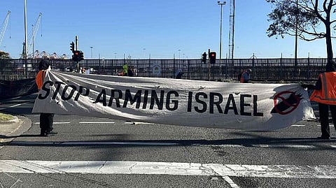 Protesters from anti-Israel group Whistleblowers, Activists and Communities Alliance again blocking truck traffic in and out of Webb Dock in Port Melbourne