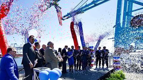 Ribbon-cutting ceremony marking the completion of the Mobile Harbor modernisation project at the Port of Mobile in Alabama, October 13, 2025