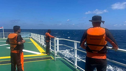 Basarnas personnel on board the SAR vessel Kamajaya during the search for the missing ambulance boat in the Makassar Strait off Indonesia's South Sulawesi province