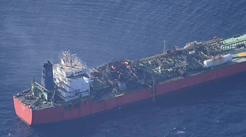 The Cameroon-registered LPG tanker Falcon after she suffered an onboard explosion in the Gulf of Aden 113 nautical miles off Yemen, October 18, 2025