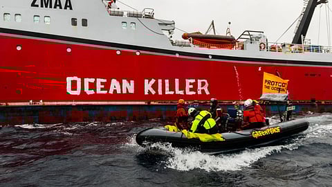 Greenpeace activists harassing the fishing vessel Amaltal Atlantis on the Chatham Rise off New Zealand, June 27, 2025. The activists had painted the words “ocean killer” on the vessel's hull as part of their photo ops.