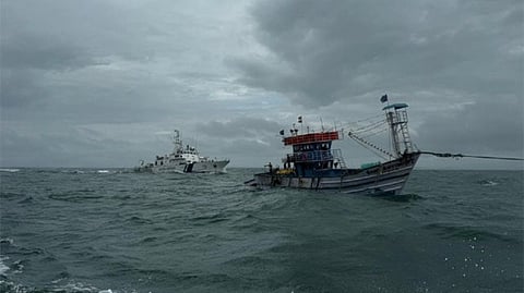The disabled Indian fishing vessel Saint Anton-1 under tow shortly after she was spotted drifting in the Arabian Sea, October 25, 2025. The Indian Coast Guard fast patrol vessel ICGS Kasturba Gandhi is in the background.