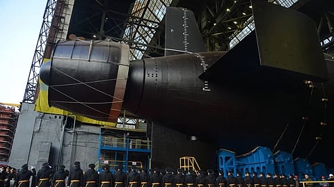 Launch of the future Khabarovsk, the Russian Navy's first Project 09851 nuclear-powered cruise missile submarine, November 1, 2025