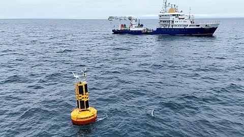 One of TechWorks Marine’s metocean data buoys deployed by the ILV Granuaile off the South Coast of Ireland in October 2025