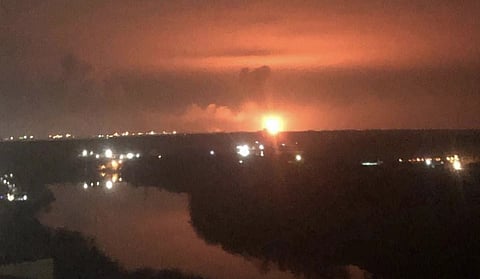 Fire at Temryuk port seen from a distance after a Ukrainian drone attack, November 5, 2025