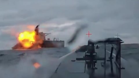 Screengrab of video showing sea drones attacking the shadow fleet tanker Dashan