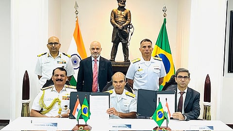 Signing of the naval vessel maintenance MOU between the Indian Navy, the Brazilian Navy, and Mazagon Dock Shipbuilders, December 9, 2025