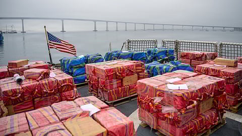 Bales of seized cocaine sit aboard the flight deck of the US Coast Guard medium endurance cutter USCGC Active in San Diego, December 15, 2025. The drugs, which are worth approximately US$203.9 million, were seized in international waters of the Eastern Pacific Ocean.