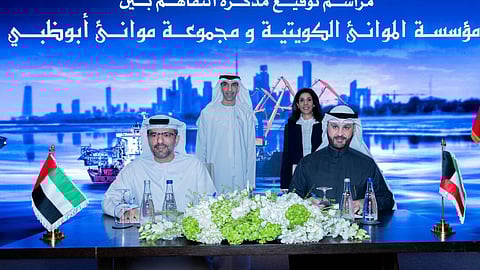 Mohamed Juma Al Shamisi (left), CEO of the AD Ports Group, and Sheikh Khaled Salem Al Sabah, Director General of the Kuwait Ports Authority, at the MOU signing in Kuwait City, December 15, 2025