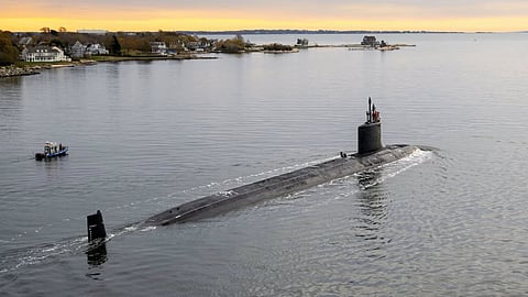 The US Navy Virginia-class attack submarine USS Idaho departing General Dynamics Electric Boat's shipyard in Groton, Connecticut