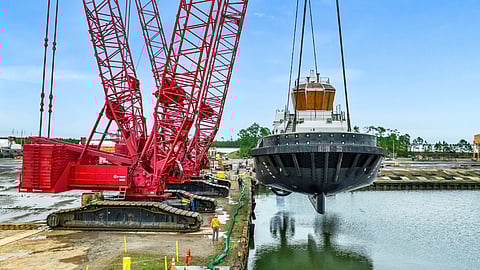 Saltchuk Marine's new ship assist and escort tug being launched at the Eastern Shipbuilding Group's Allanton and Port St Joe facilities in Florida, December 17, 2025