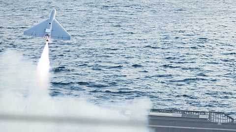 A LUCAS drone is launched from the flightdeck of the USS Santa Barbara