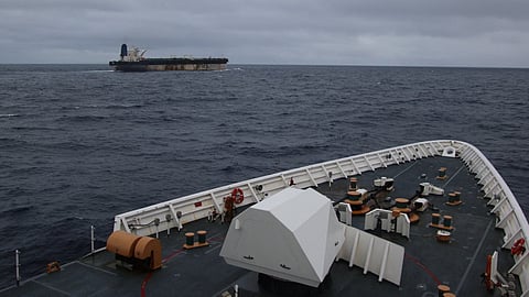 The sanctioned Russian tanker Marinera being intercepted by US forces in the Atlantic