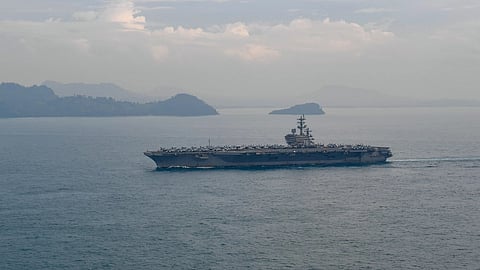 The US Navy aircraft carrier USS Ronald Reagan transits the Sunda Strait, July 10, 2023.