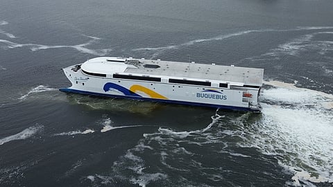 The electric catamaran ferry during harbour trials
