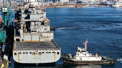 Arrival of USNS Amelia Earhart at HJ Shipbuilding and Construction's Yeongdo shipyard in Busan, South Korea
