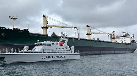The seized cargo vessel at the Port of Brindisi