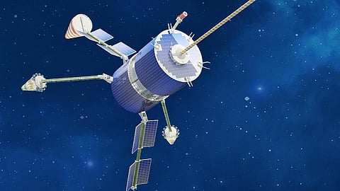 Rendering of a Russian Gonets-M satellite in orbit