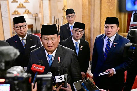 Indonesian President Prabowo Subianto talks to reporters at Lancaster House in London, January 20, 2026.