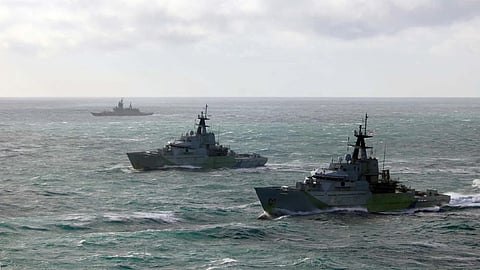 UK Royal Navy's P283 HMS Mersey and P282 HMS Severn shadow Russian Navy's RFN Boikiy along English Channel