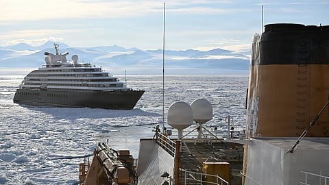 USCGC Polar Star (WAGB 10) escorts an Australian-owned cruise ship out of pack ice in the Ross Sea after the vessel requested assistance amid Operation Deep Freeze 2026, January 17, 2026. 