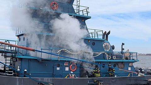 Firefighters battling the fire onboard the tug Thor, February 18, 2025
