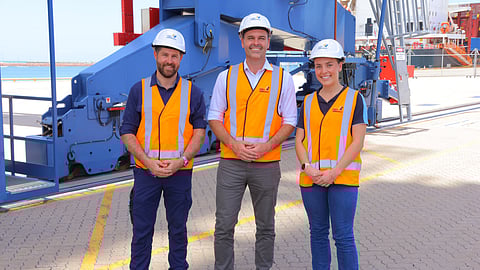 Port of Townsville Acting Manager Port Services James Hampton, Townsville MP Adam Baillie and Port of Townsville Corporate Affairs Officer Gabi Boccalatte inspect the berth three and four rail join project.
