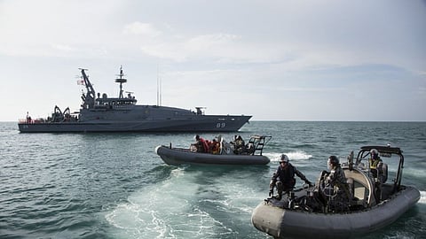 The Royal Australian Navy patrol boat HMAS Ararat and her crew conduct a boarding off the coast of Darwin, Northern Territory.