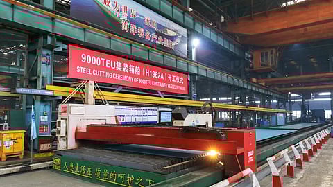 Steel-cutting ceremony held at China's Hudong-Zhonghua Shipbuilding marking the official start of construction of a new 9,000TEU dual-fuel container vessel ordered by Pacific International Lines of Singapore