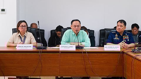 Officials of the Maritime Industry Authority (MARINA), the Philippine Department of Transportation (DOTr), and the Philippine Coast Guard conduct a press conference to explain the filing of charges against shipping company Aleson Shipping Lines and a number of government personnel in connection with the loss of the ferry Trisha Kerstin 3 along with over 51 passengers and crew, February 11, 2026. L-R: MARINA Administrator Sonia Malaluan, acting DOTr Secretary Giovanni Lopez, and Philippine Coast Guard Commandant Admiral Ronnie Gil Gavan
