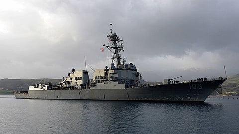 The US Navy Arleigh Burke-class guided-missile destroyer USS Truxtun pulls into Souda Bay in Greece for a scheduled port visit, September 21, 2012.