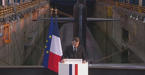 French President Emmanuel Macron delivers a speech from a submarine base in Brittany, March 2, 2026