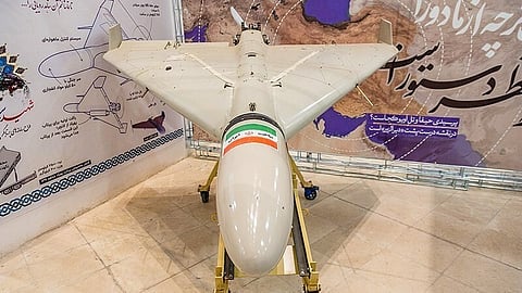 Shahed-136 drone at the Islamic Revolutionary Guard Corps Aerospace Force achievements exhibition in the garden of the Museum of the Islamic Revolution and Holy Defense in Qom, 2023