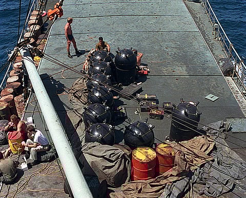 Sea mines on deck of captured Iranian mine-layer