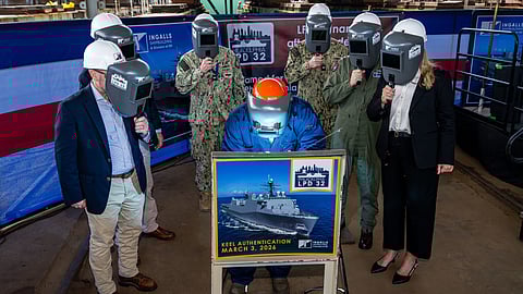 Authentication of the keel of the future USS Philadelphia, the US Navy's 16th San Antonio-class amphibious transport dock, March 3, 2026