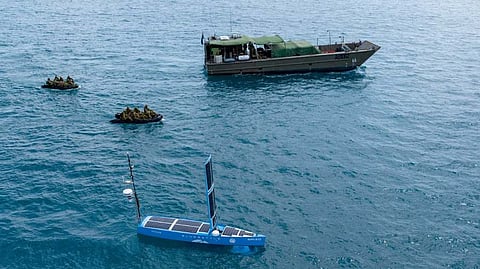 Australian Army soldiers test an unmanned surface vehicle near Winy Alkan Island in Western Australia in October 2022.