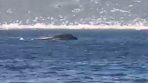 Screenshot of video showing the upturned hull of the capsized Frontex boat, March 16, 2026