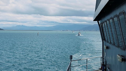 HMAS Leeuwin departs HMAS Cairns in company with Guardian-class Patrol Boats from Pacific nations during Exercise Kakadu 2026.