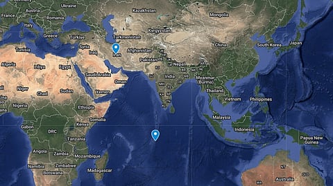 Map showing Iran and Diego Garcia (~4,100km apart)