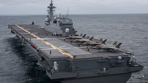 US Marine Corps F-35B Lightning II short takeoff and vertical landing strike fighters are pictured on board the Japan Maritime Self-Defence Force helicopter destroyer JS Kaga, October 19, 2025.