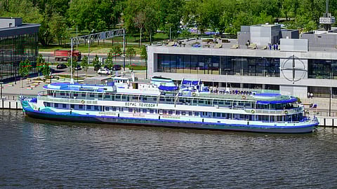 The river cruise ship Boris Polevoi pierside at a Moscow terminal