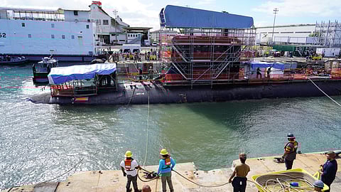 The US Navy Virginia-class attack submarine USS North Carolina enters Dry Dock 1 at Pearl Harbor for its depot modernisation period.