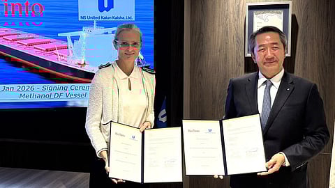 Laure Baratgin (left), Head of Commercial Operations at Rio Tinto, and Kazuma Yamanaka, President of NS United Kaiun Kaisha, at the signing of the contract