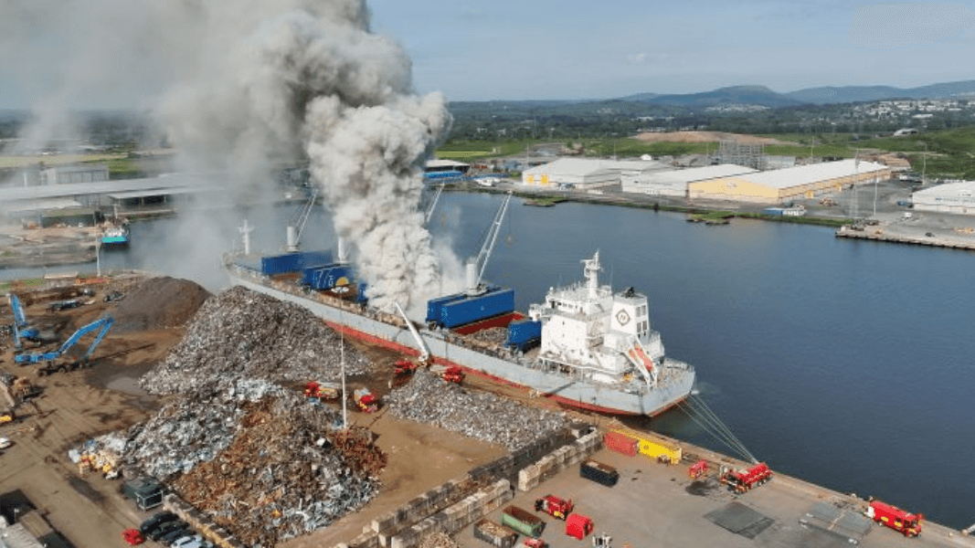 Smoke billows from the bulk carrier Nord Houston after a fire ignited on board while it was berthed at Newport Docks in Wales, April 26, 2026.